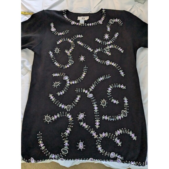ANNE KLEIN by Sadimara Vtg Sweater Womens Sz L Black Embellished Beads Glam 90s - Picture 11 of 13